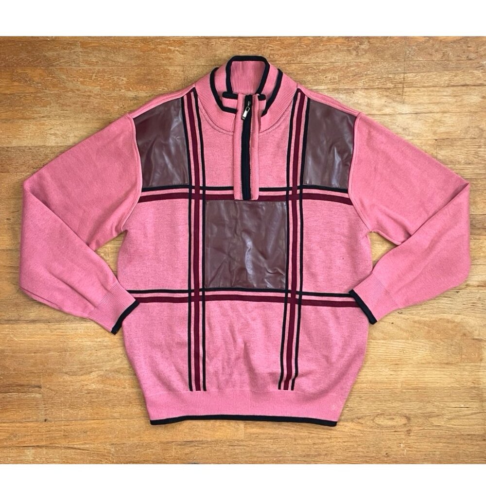 Vintage Mens Plaid Sweater Size Large Y2K Pink/Burgundy Faux Leather 1/4 Zip